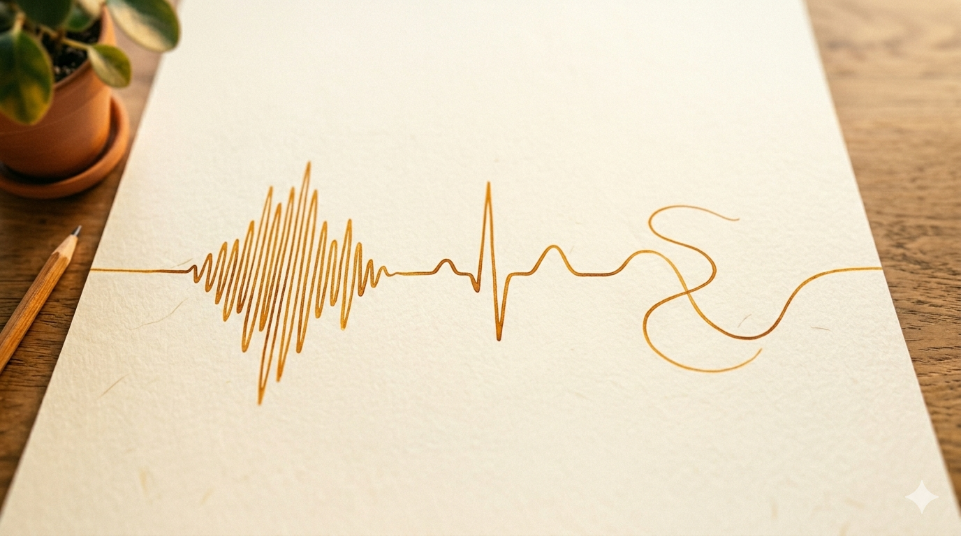 Warm abstract artwork of a continuous line transforming from a sound waveform through a heartbeat pulse to a flowing path, drawn in amber on cream