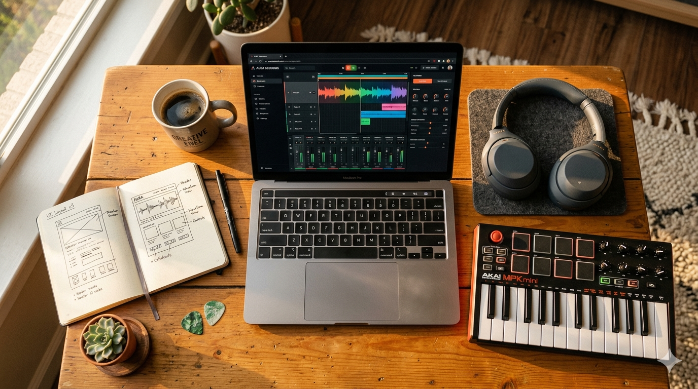 Overhead view of a creative workspace with a laptop showing a music application, headphones, MIDI controller, notebook with wireframes, and a coffee mug bathed in warm golden light