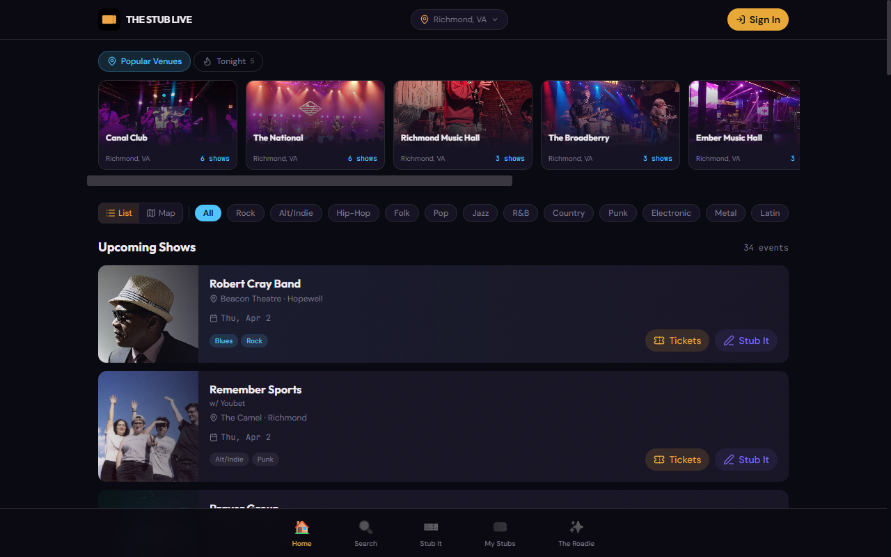 THE STUB LIVE app screenshot